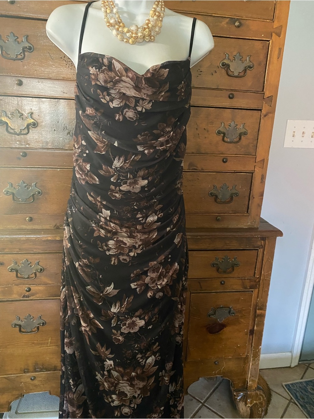 Black Floral Ruched Slip Dress - Elegant Maxi Evening Dress XL